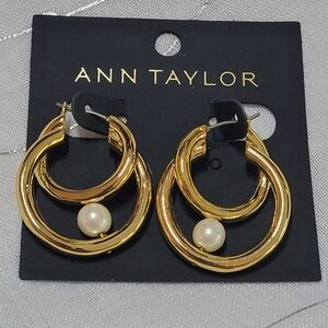 Ann Taylor Gold Tone Halo Pearl Double Hoop Earrings Leverback NWT